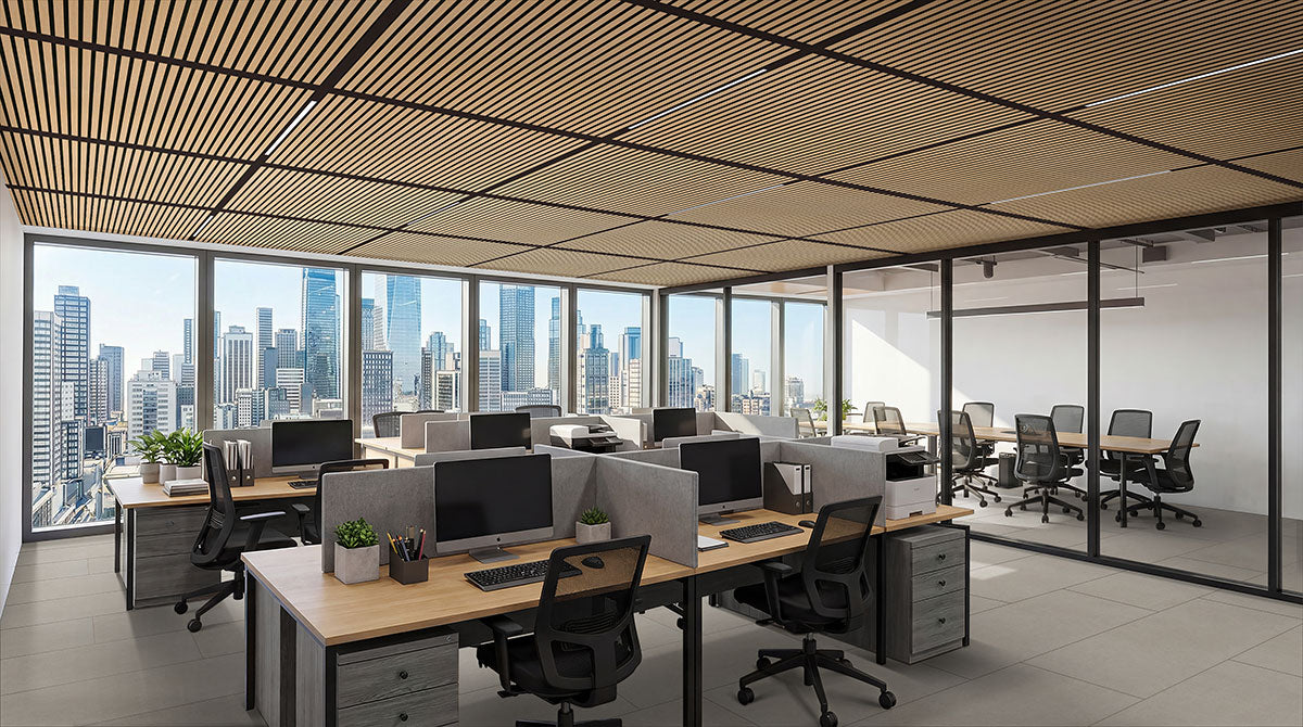 Acoustic Wood Slat Wall Panels — installed room view — color Almond