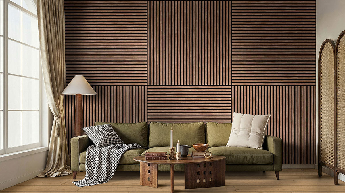 Acoustic Wood Slat Wall Panels — installed room view — color Sable