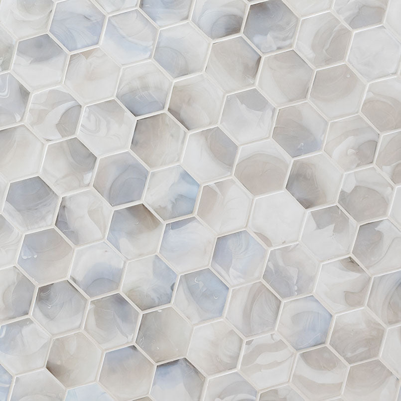 Akoya Pearl 3-Inch Hexagon Mosaic Tile — isometric scale view — color Pearl