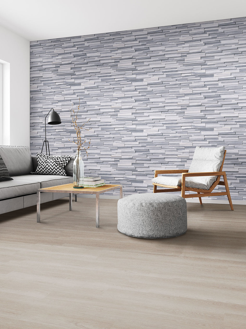 Rockmount 3D Natural-Stone Stacked Stone Panel — installed room view — color Alaska Gray Panel