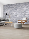 Rockmount 3D Natural-Stone Stacked Stone Panel — installed room view — color Alaska Gray Panel