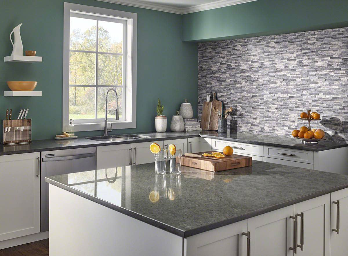Alaskan Gray Splitface Interlocking Wall Tile — installed room view — color Gray