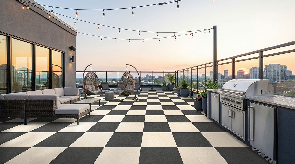Cementique 2x2 Matte Porcelain Mosaic — installed room view — color Talc