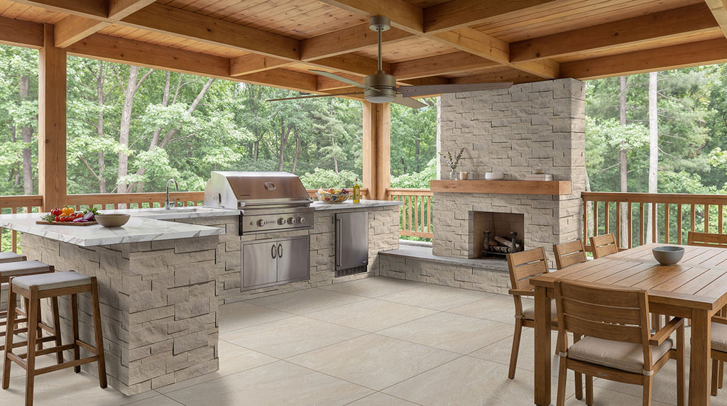 Vortexa Champagne Porcelain Paver - installed example (representative)