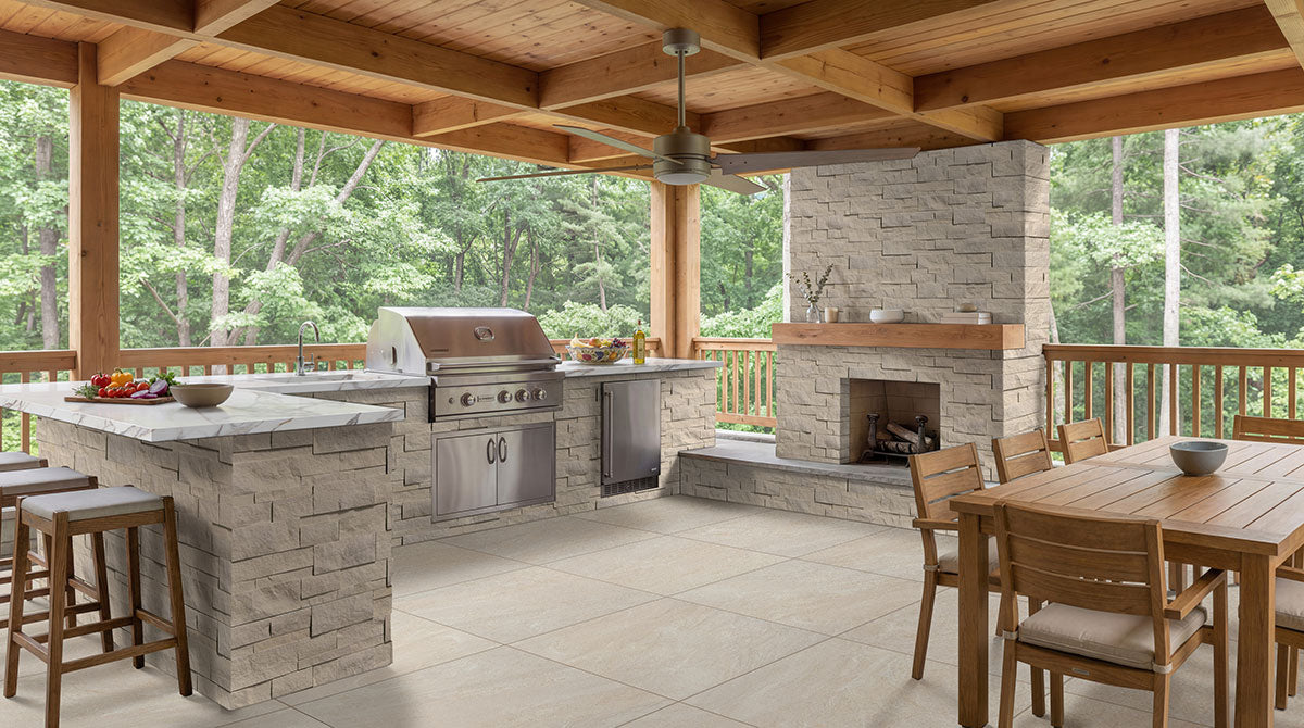 Vortexa Champagne Porcelain Paver - installed example (representative)