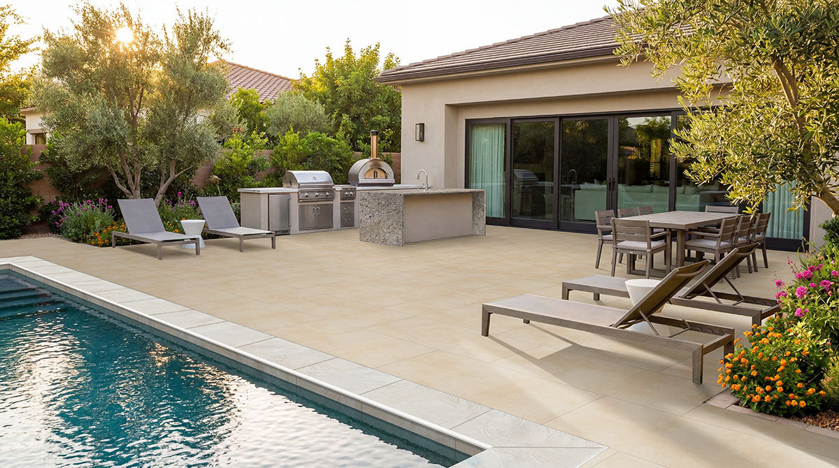 Vortexa Ivory Porcelain Paver - installed example (representative)