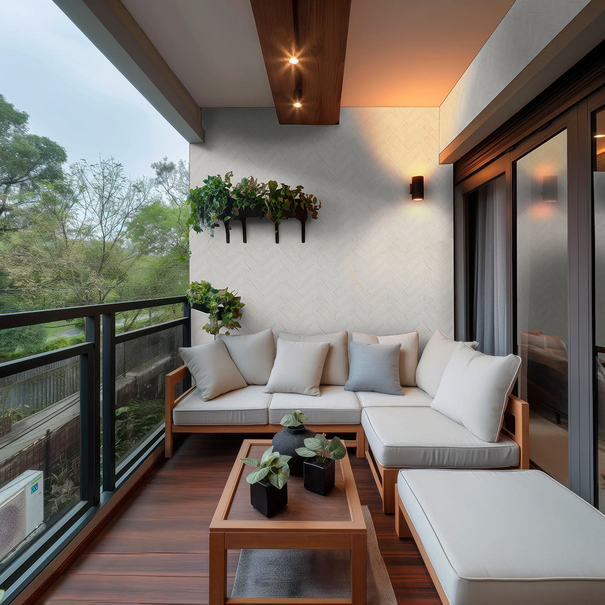 Alpine White Reclaimed Clay Brick Herringbone — installed room view — color White Clay