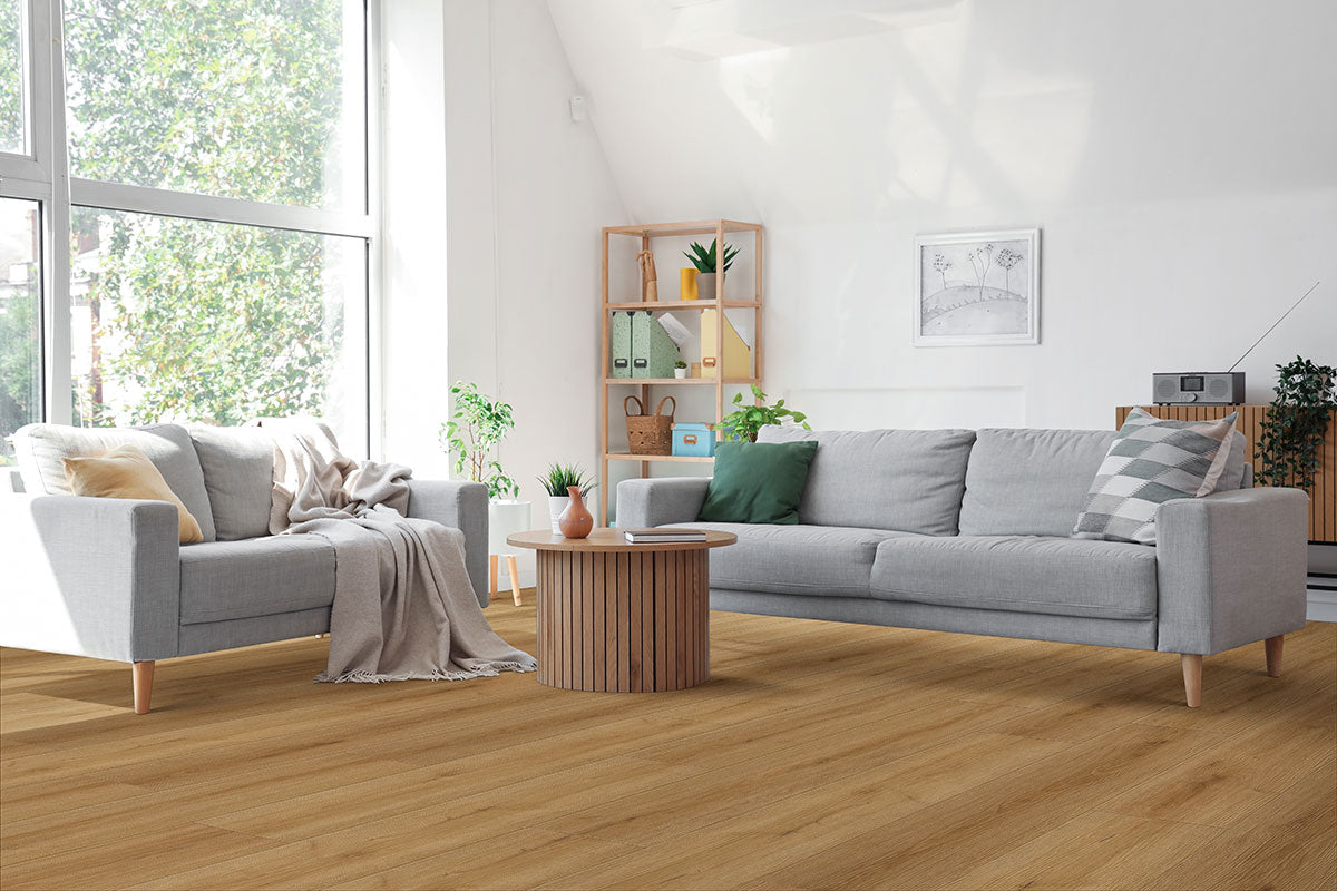 XL Cyrus 9x60 Waterproof Rigid-Core Luxury Vinyl Plank — installed room view — color Amber Forrester