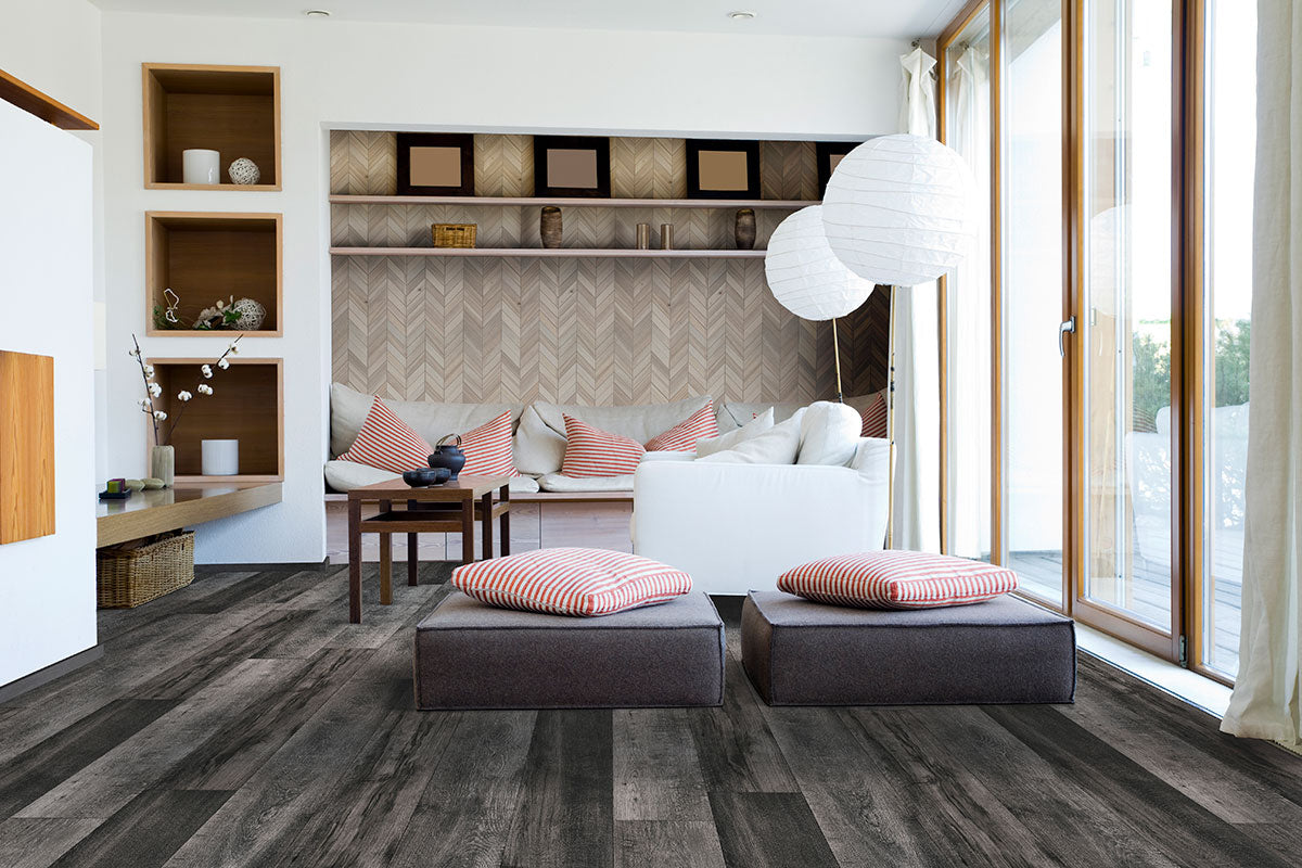 Andover Waterproof Rigid Core Luxury Vinyl Plank — installed room view — color Dakworth