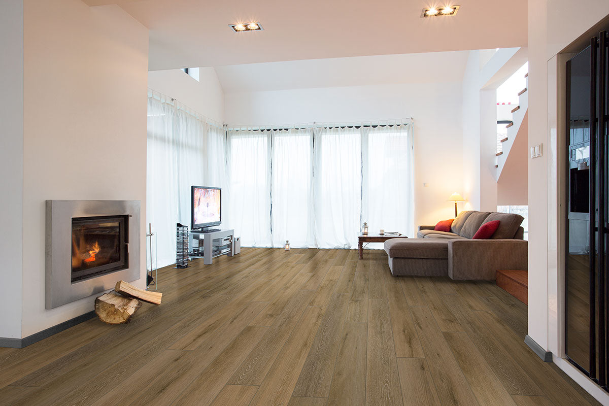 Andover Waterproof Rigid Core Luxury Vinyl Plank — installed room view — color Hatfield