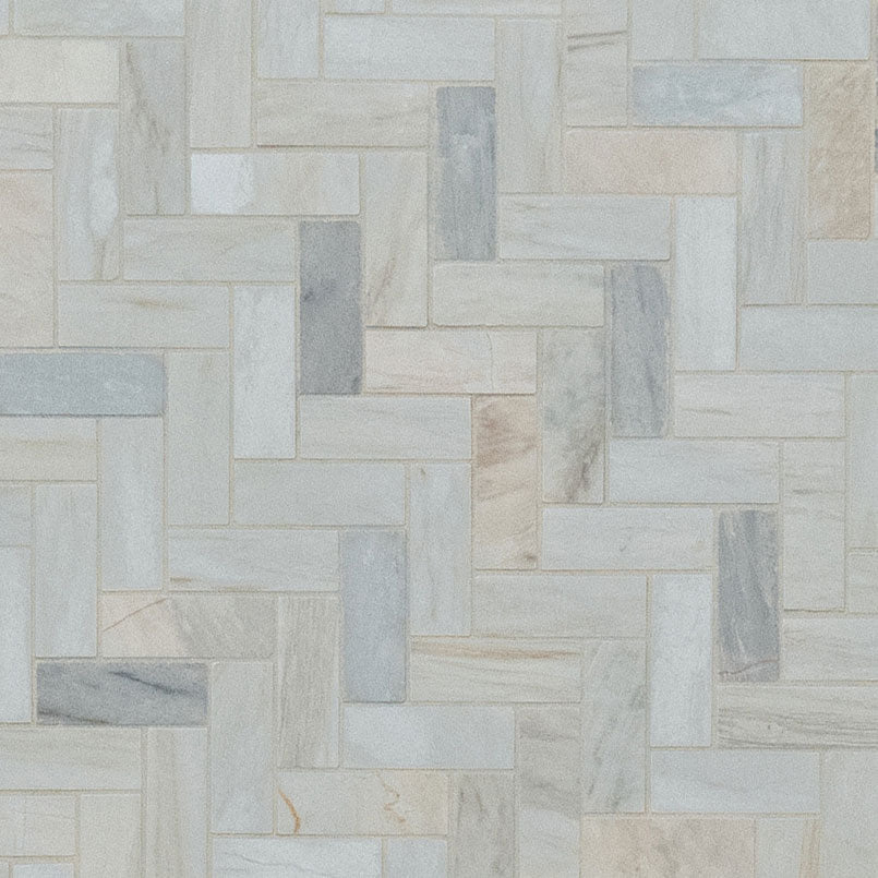 Angora Herringbone Polished Marble Mosaic — isometric scale view