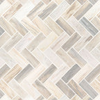 Angora Herringbone Polished Marble Mosaic — clean product view — color Warm white, cream, beige and soft gray