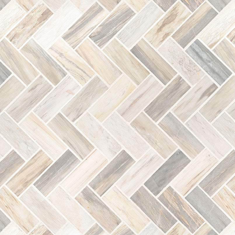 Angora Herringbone Polished Marble Mosaic — clean product view — color Warm white, cream, beige and soft gray
