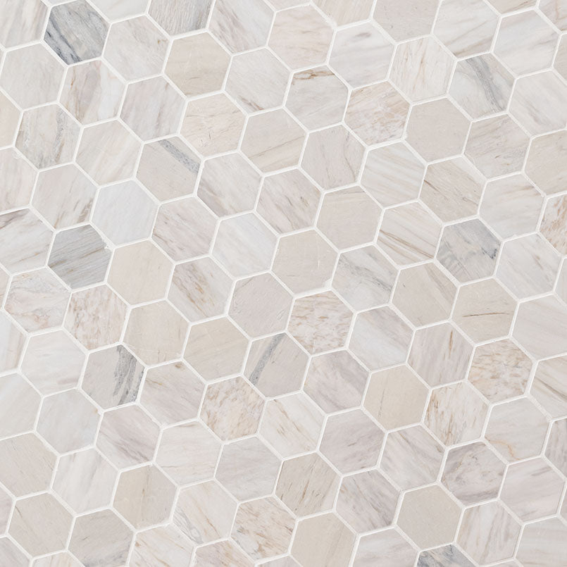 Angora Polished 2-Inch Hexagon Marble Mosaic — isometric scale view