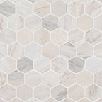 Angora Polished 2-Inch Hexagon Marble Mosaic — clean product view — color Warm white, cream, beige and soft gray