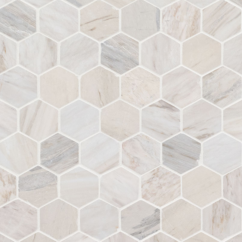 Angora Polished 2-Inch Hexagon Marble Mosaic — clean product view — color Warm white, cream, beige and soft gray