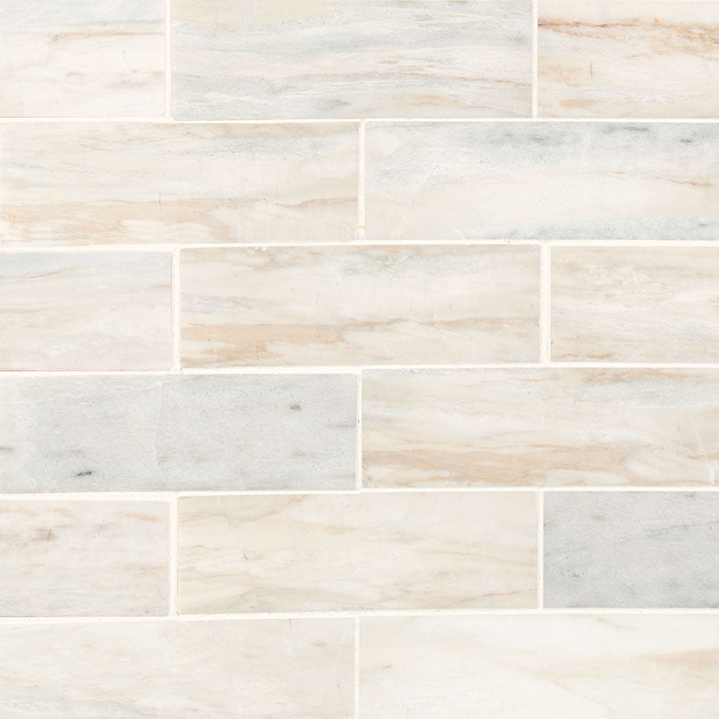 Angora Subway 2x6 Polished Marble Tile — clean product view — color Warm white and soft beige