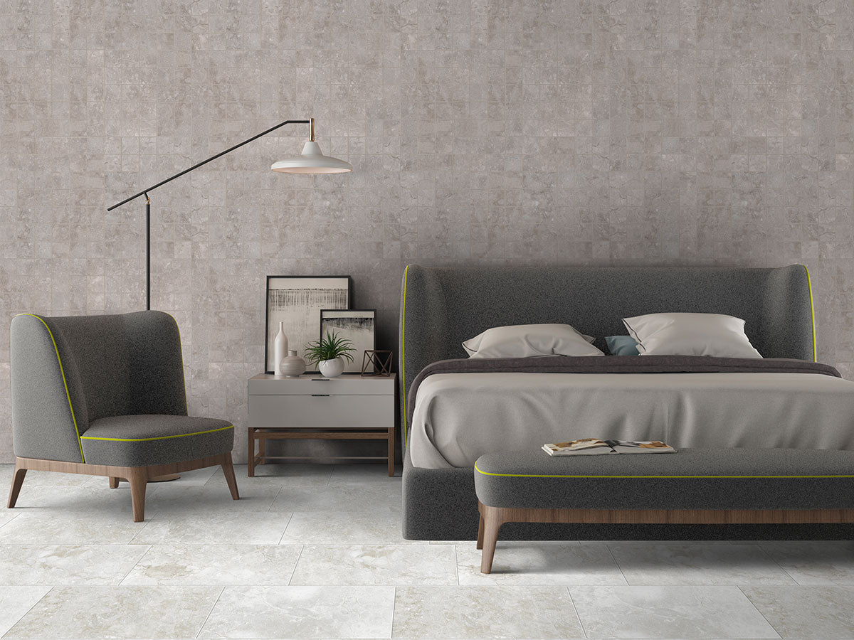 Ansello Glazed Ceramic Tile — installed room view — color Gray
