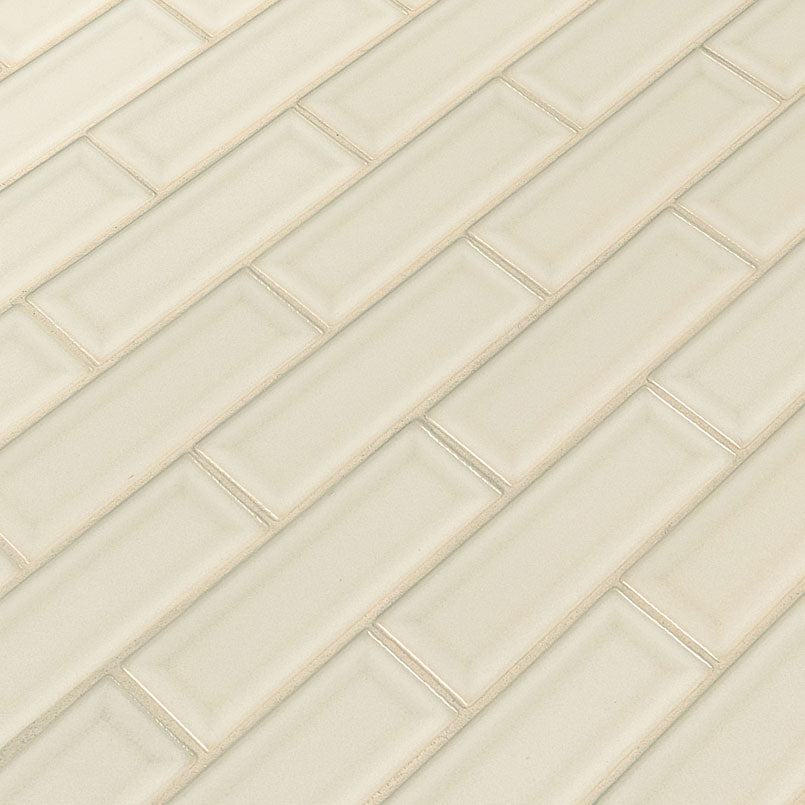 Highland Park 2x6 Glossy Beveled Ceramic Wall Tile — isometric scale view — color Antique White