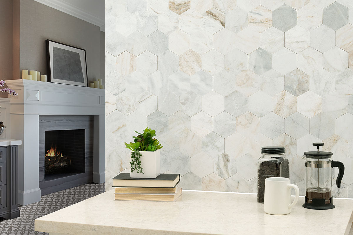 Arabescato Venato 4-Inch Hexagon Peel-and-Stick Marble Wall Tile — installed room view — color Venato Peel And Stick