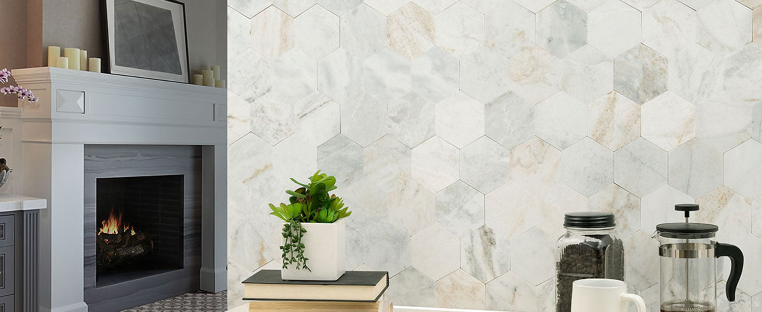 La Crema Stax 6mm Peel-and-Stick Marble Mosaic installed room scene