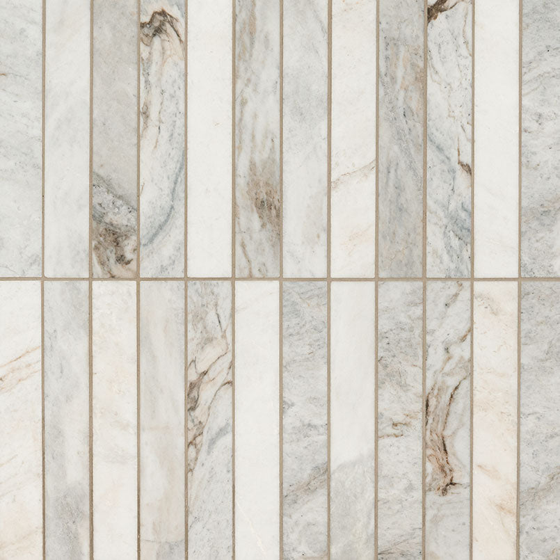 Arabescato Venato 2x12 Stack Honed Marble Mosaic — close-up texture view