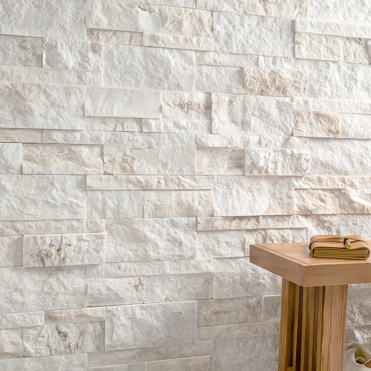 XL Rockmount 9x18 Natural-Stone Stacked Panel Corner — installed room view — color Arabescato Venato