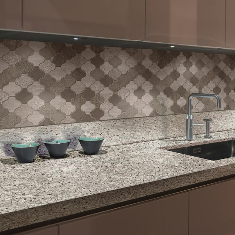 Arctic Storm Arabesque Marble Mosaic — installed room view — color Storm