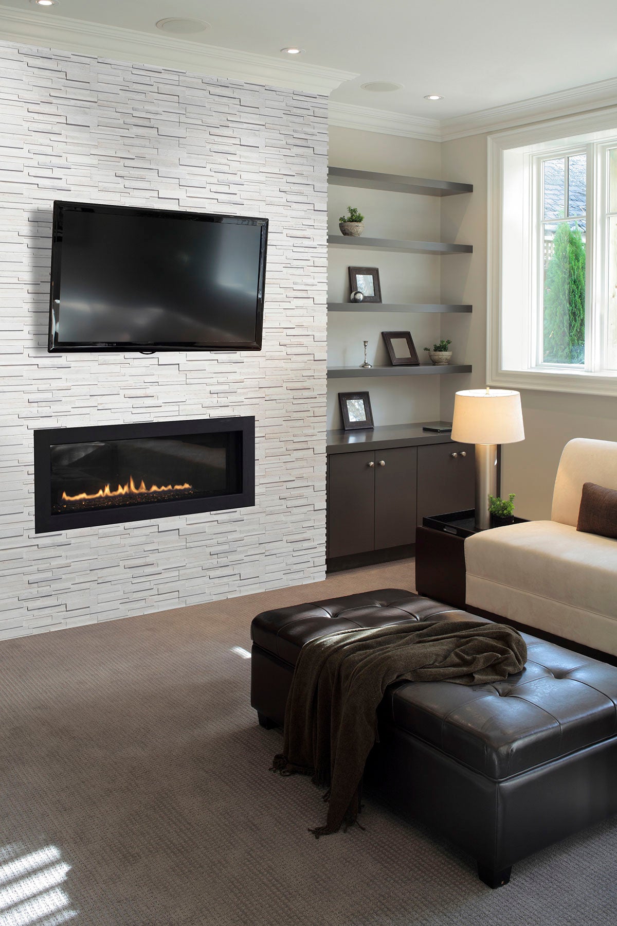 Rockmount 3D Natural-Stone Stacked Stone Panel — installed room view — color Arctic White Panel