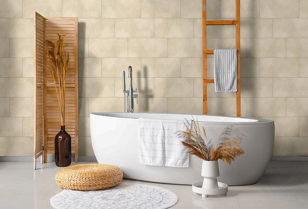 Aria Polished Porcelain Tile — installed room view — color Ice, size 12x24