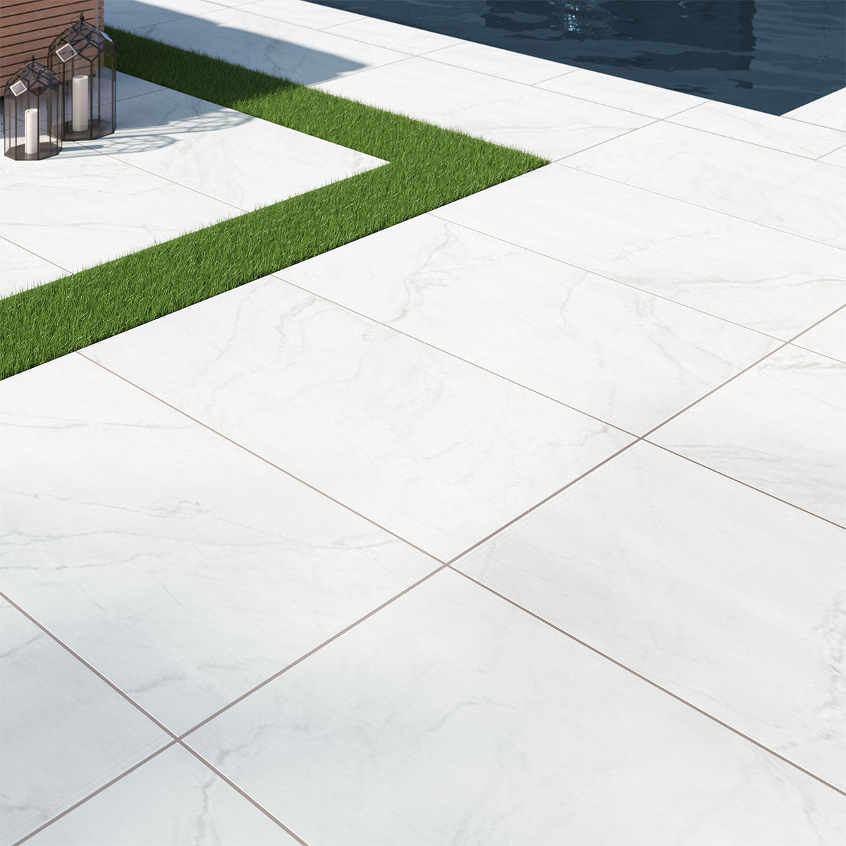 Kaya Marble-Look Porcelain Tile — installed room view — color Zermatta Blanca