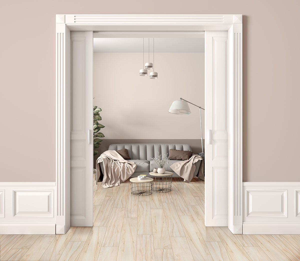 Aspenwood Wood-Look Porcelain Tile — installed room view — color Artic