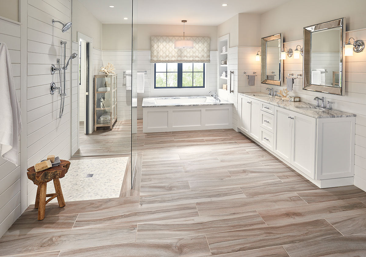 Aspenwood Wood-Look Porcelain Tile — installed room view — color Ash
