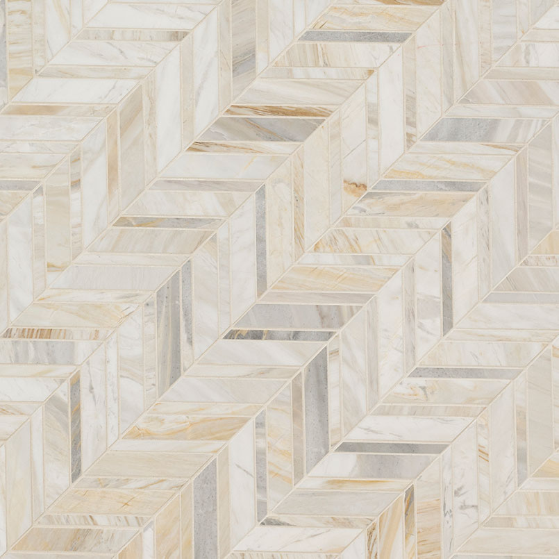 Athena Gold Chevron Pattern Honed Marble Mosaic — isometric scale view — color Gold