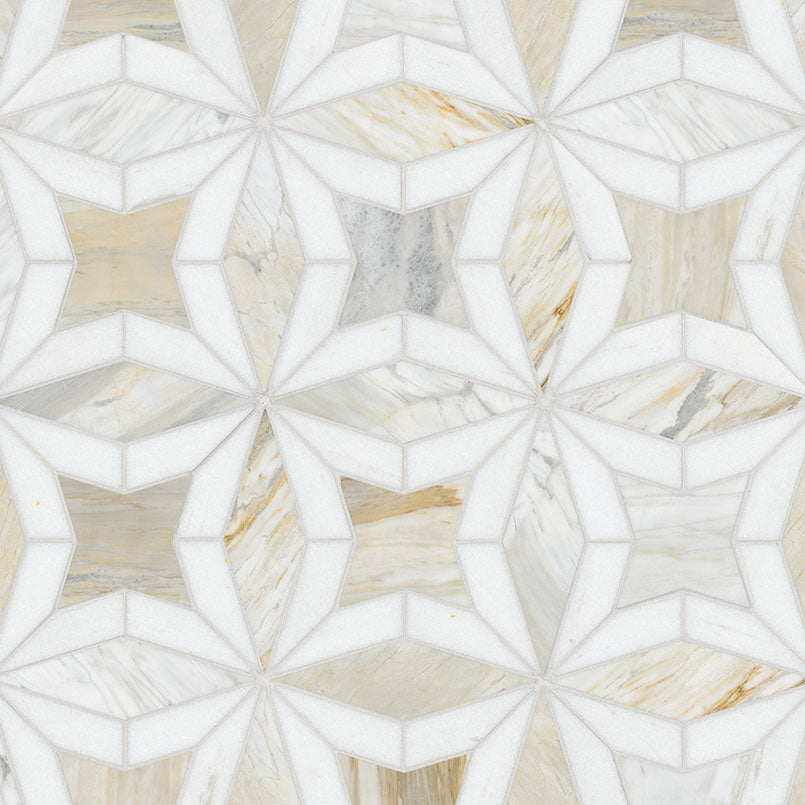 Athena Gold Estrella Polished Marble Mosaic — isometric scale view — color Gold Estrella