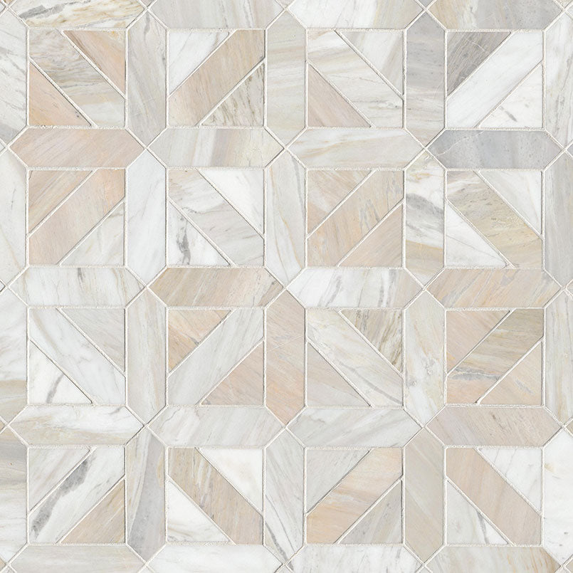 Athena Gold Geometrica Honed Marble Mosaic — isometric scale view