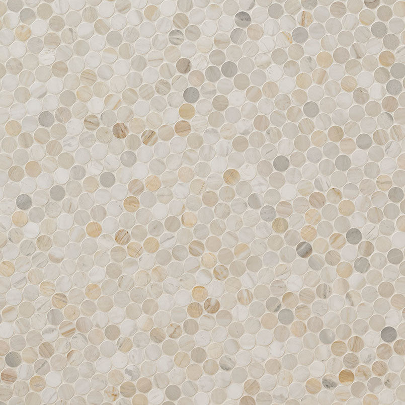 Athena Gold Penny Round Honed Marble Mosaic — isometric scale view — color Gold