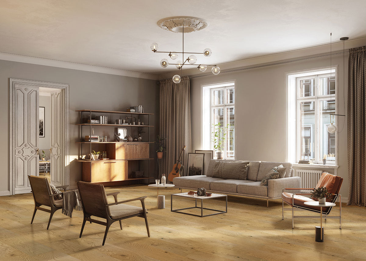 Woodhills 6.5x48 Waterproof Wood Flooring — installed room view — color Aura Gold Oak