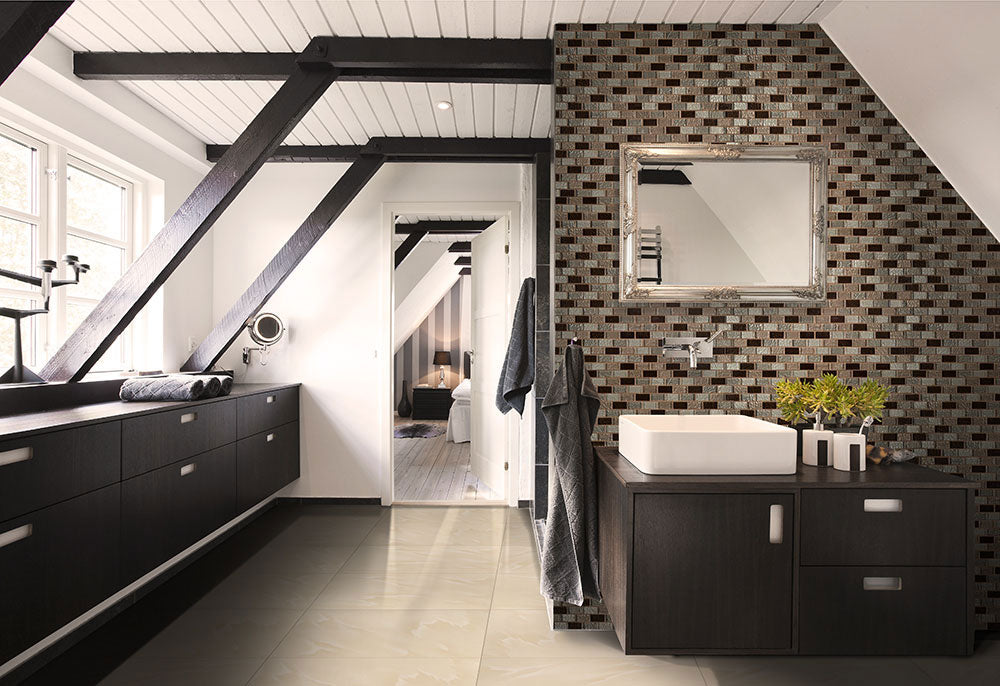 Ayres Blend Brick Glass Mosaic — installed room view — color Blend