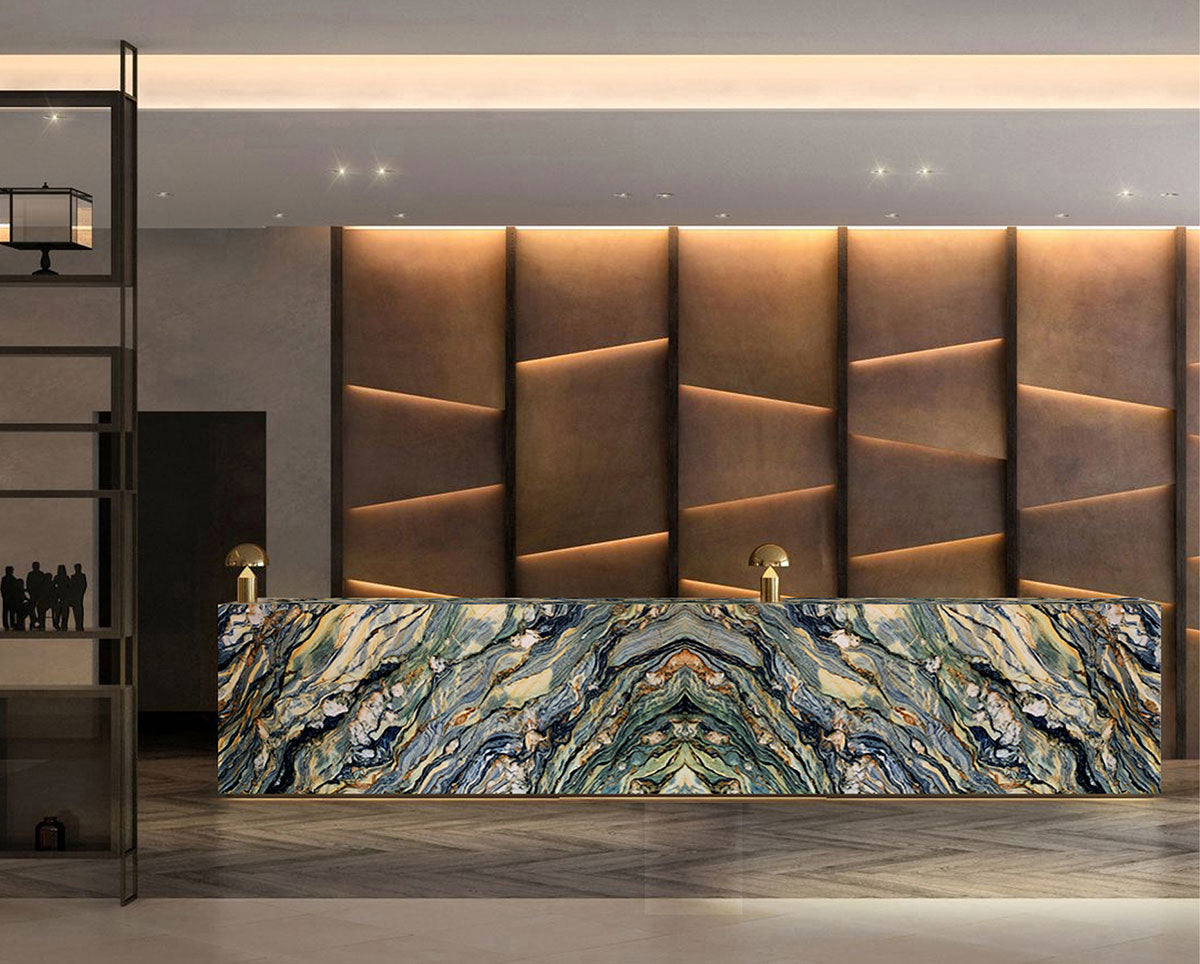 Azul Treasure Quartzite Slab — room scene