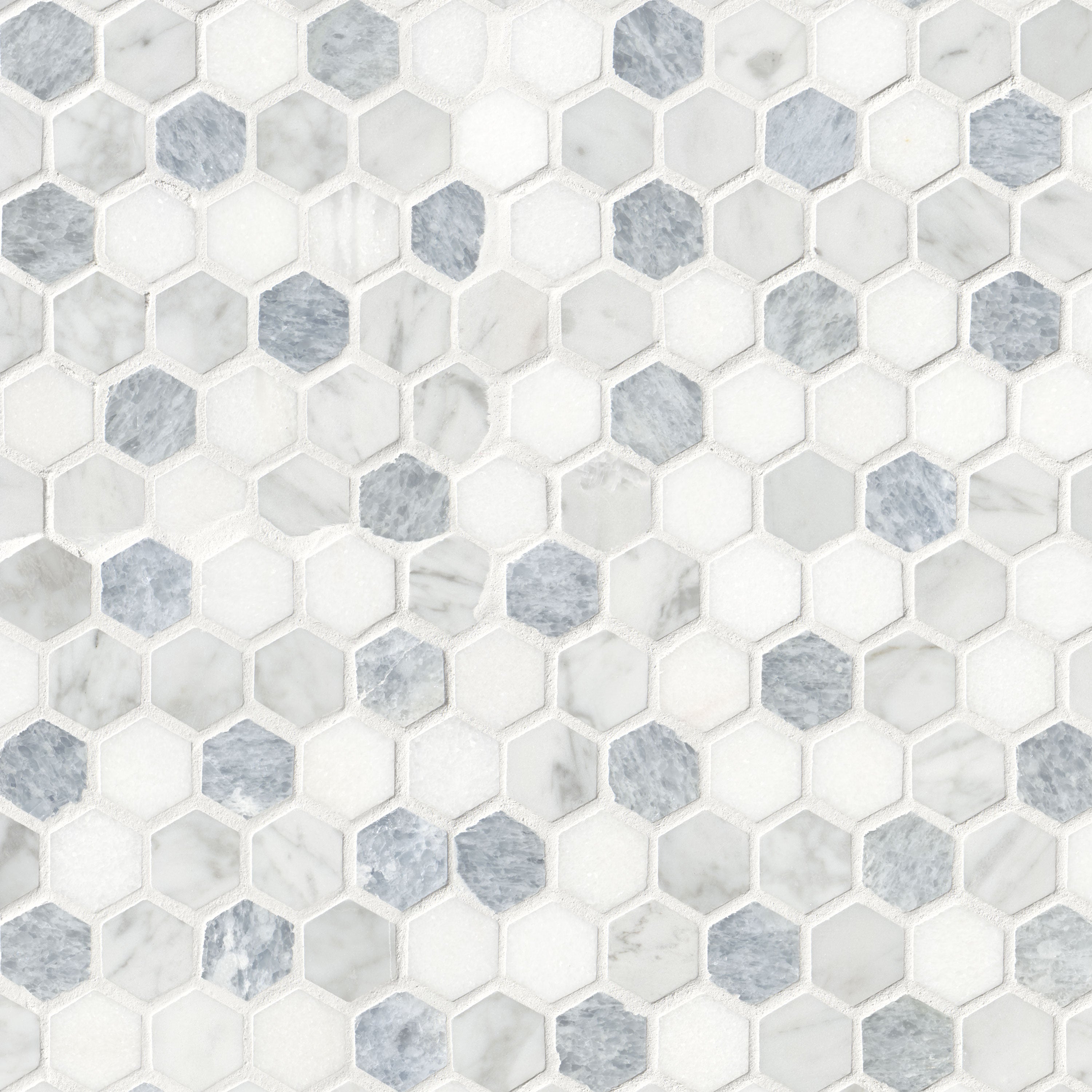Azula Hexagon Polished Marble Mosaic — clean product view — color Creamy white, gray and blue