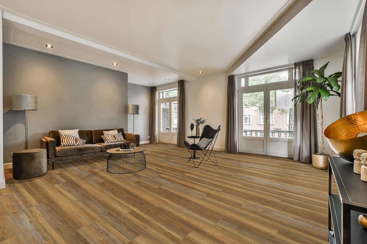 Cyrus 2.0 7x48 5mm 20mil Waterproof Rigid Core Luxury Vinyl Plank — installed room view — color Barnstorm