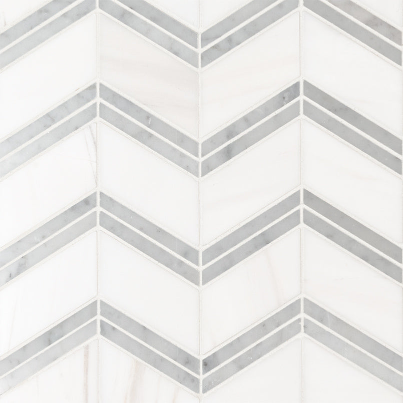 Bianco Dolomite Chevron Polished Marble Mosaic — clean product view — color White-cool with light gray veining