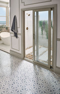 Bianco Dolomite Dotty Polished Marble Mosaic — installed room view — color White-cool with gray dots