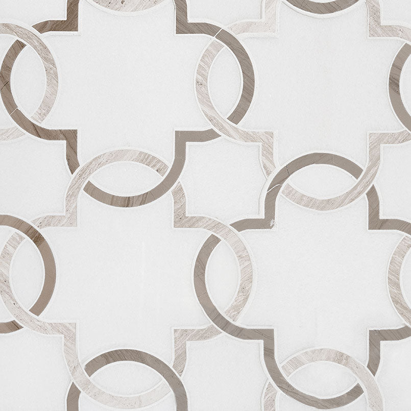 Bianco Quatrefoil Polished Marble Mosaic — clean product view — color White-warm with light and dark brown veining