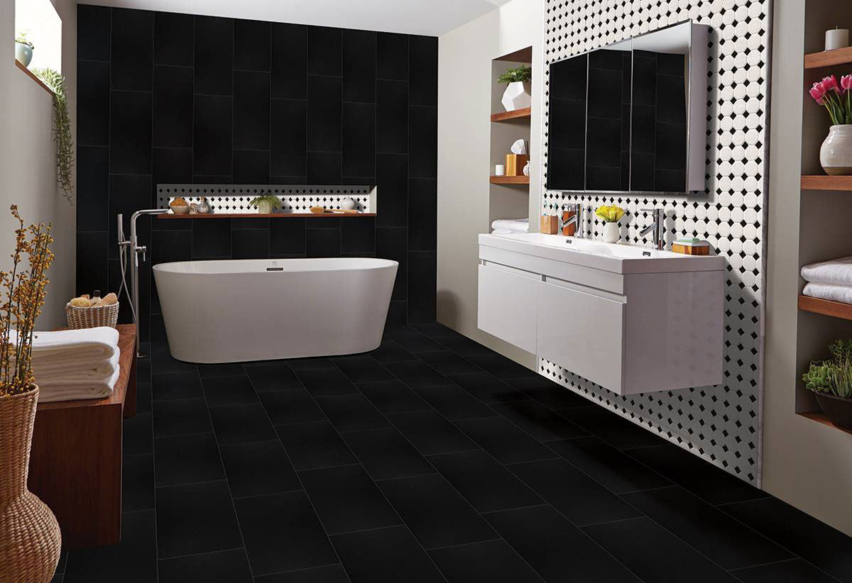 White and Black Matte Octagon Porcelain Mosaic — installed room view — color White And Black