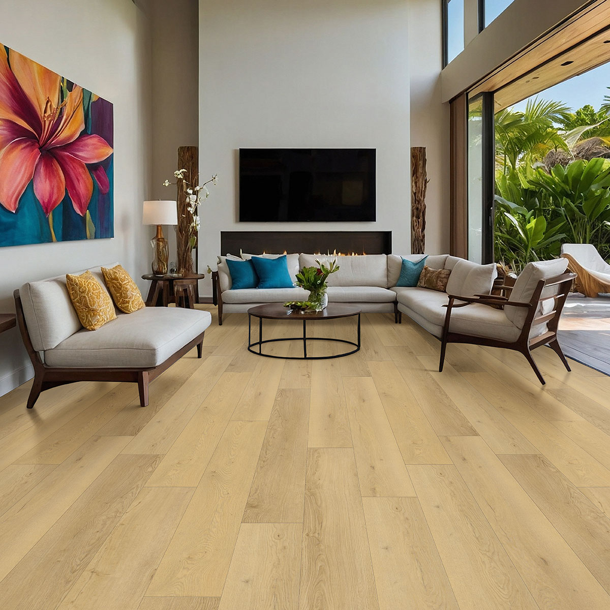 Wayne Parc Reserve 9x72 Waterproof WPC Luxury Vinyl Plank — installed room view — color .- Bluffview