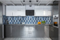 Boathouse Blue Picket Glass Mosaic — installed room view — color Blue