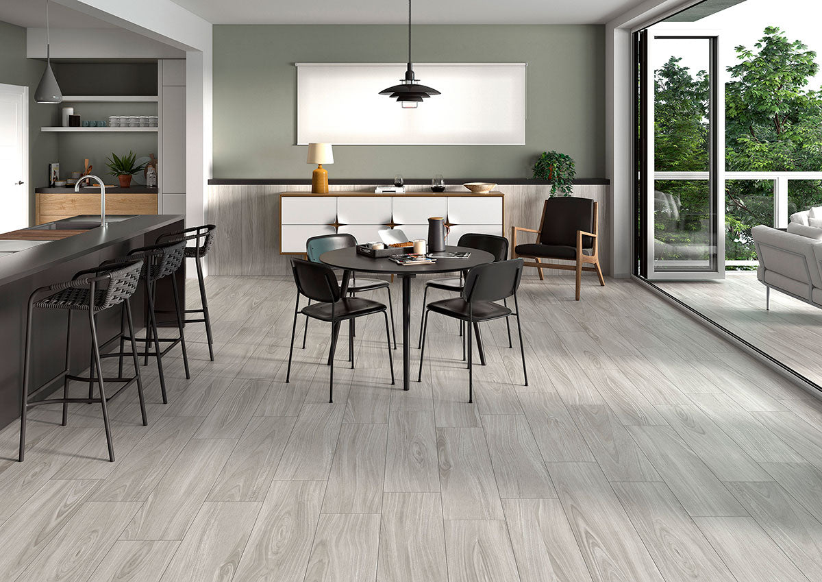 Braxton Wood-Look Porcelain Tile — installed room view — color Grigia