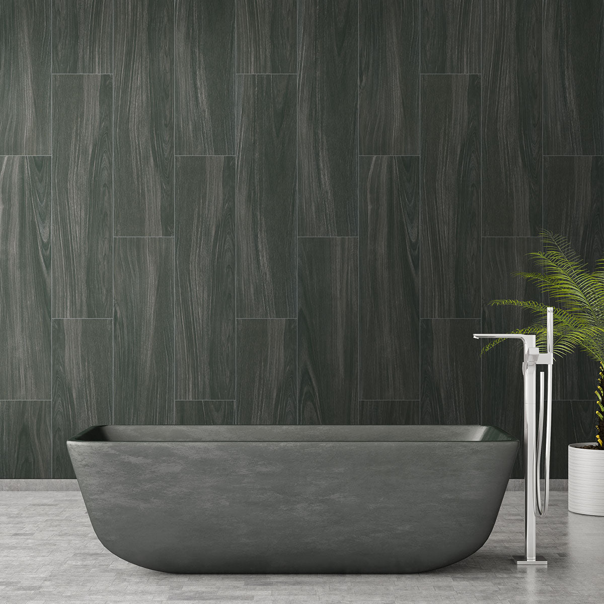Braxton Wood-Look Porcelain Tile — installed room view — color Midnight